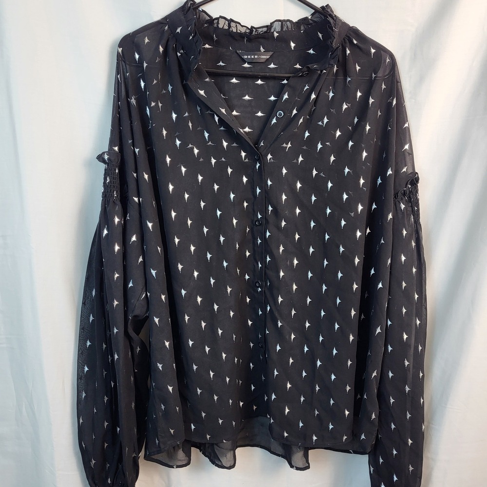 S.DEER CONCEPT Black Sheer Starburst Print Smocked Puff Sleeve Blouse‎ Large